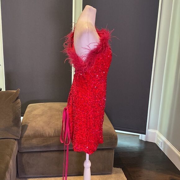 Women’s Pink Short Feather & Sequin One Shoulder Prom Party Dress Size 14 *READ - Picture 5 of 16